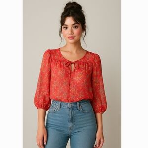 Pins & Needles Red Floral Sheer Peasant Blouse Size S Romantic Boho Lightweight